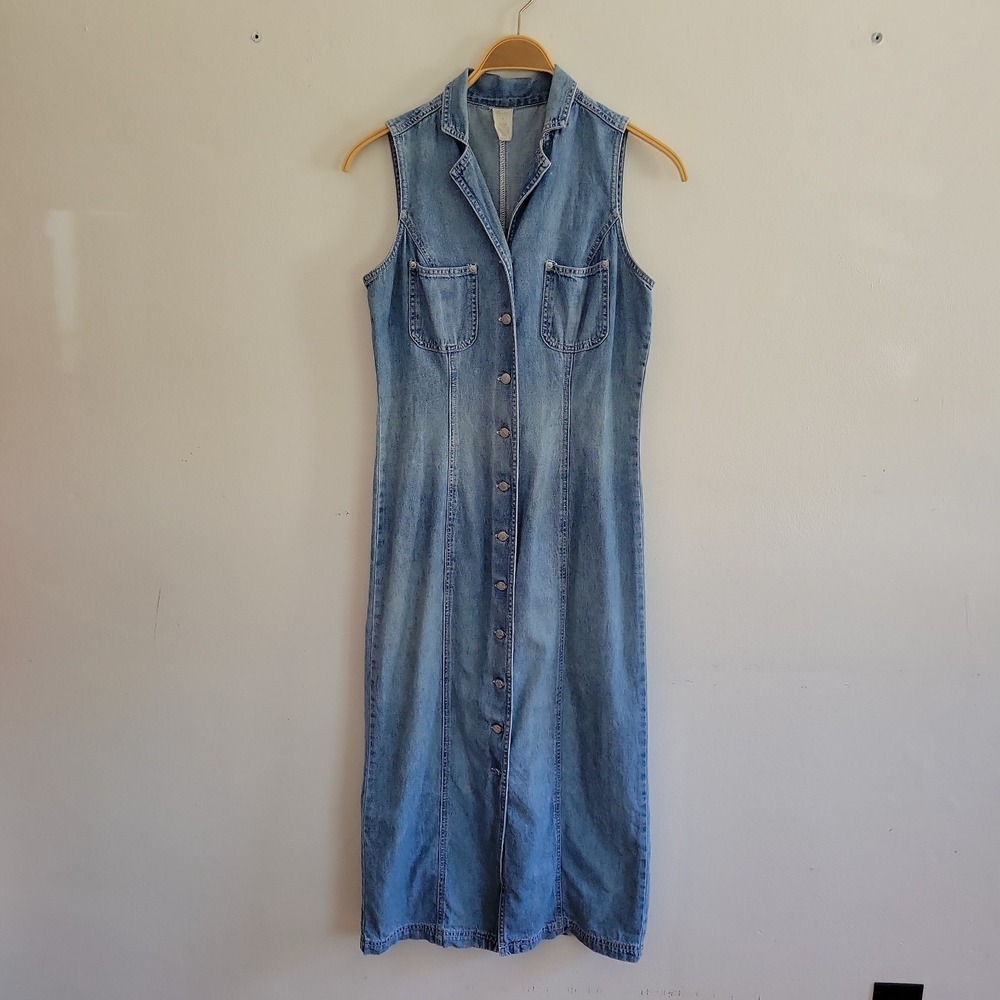 Vintage Old Navy Denim Button Up Midi Shirt Dress 4 Sleeveless Cowgirl‎ Western